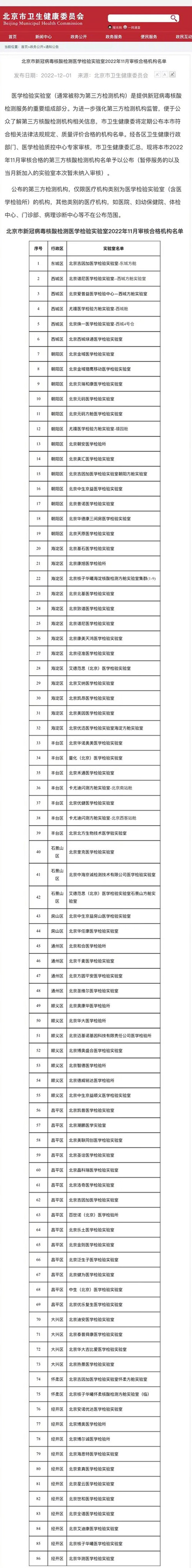 北京：定期公布新冠核酸检测医学检验实验室合格名单